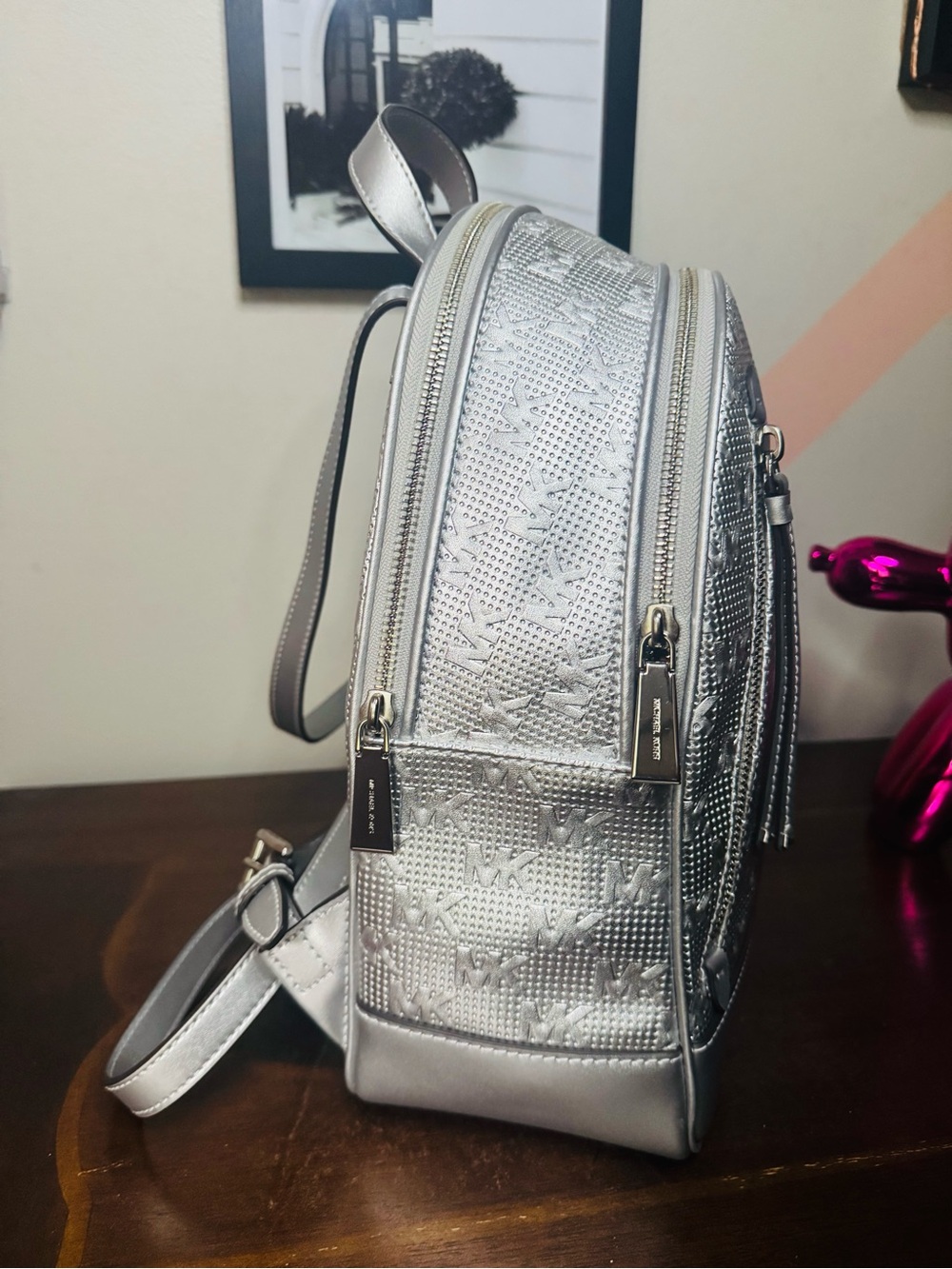 Michael Kors Metallic Silver MK Embossed Logo Backpack - Picture 6 of 9